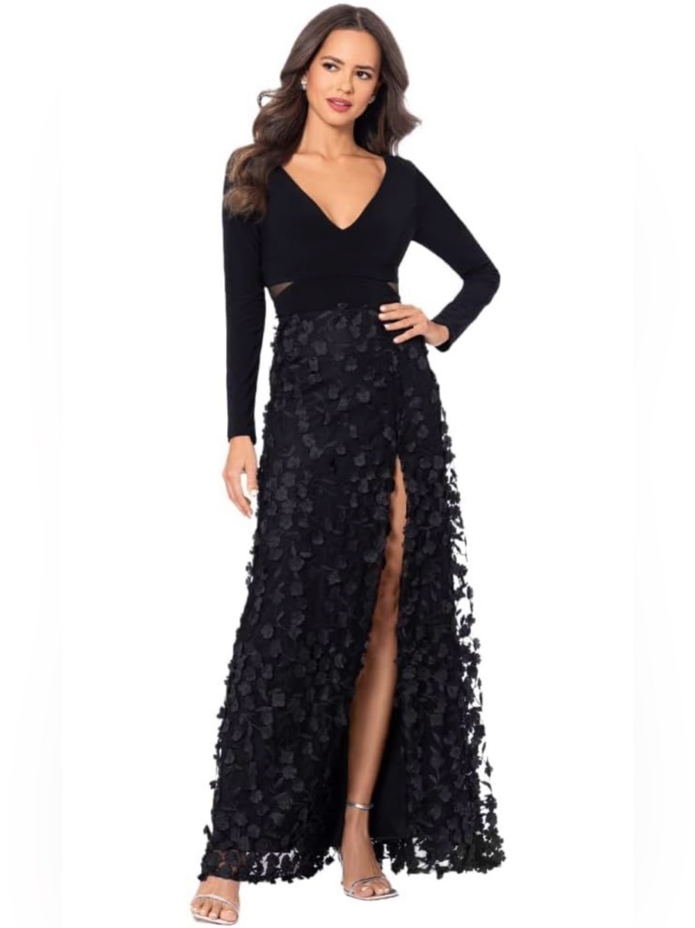 Xscape Black Long Sleeve V-Neck Floral Appliqué Evening Gown